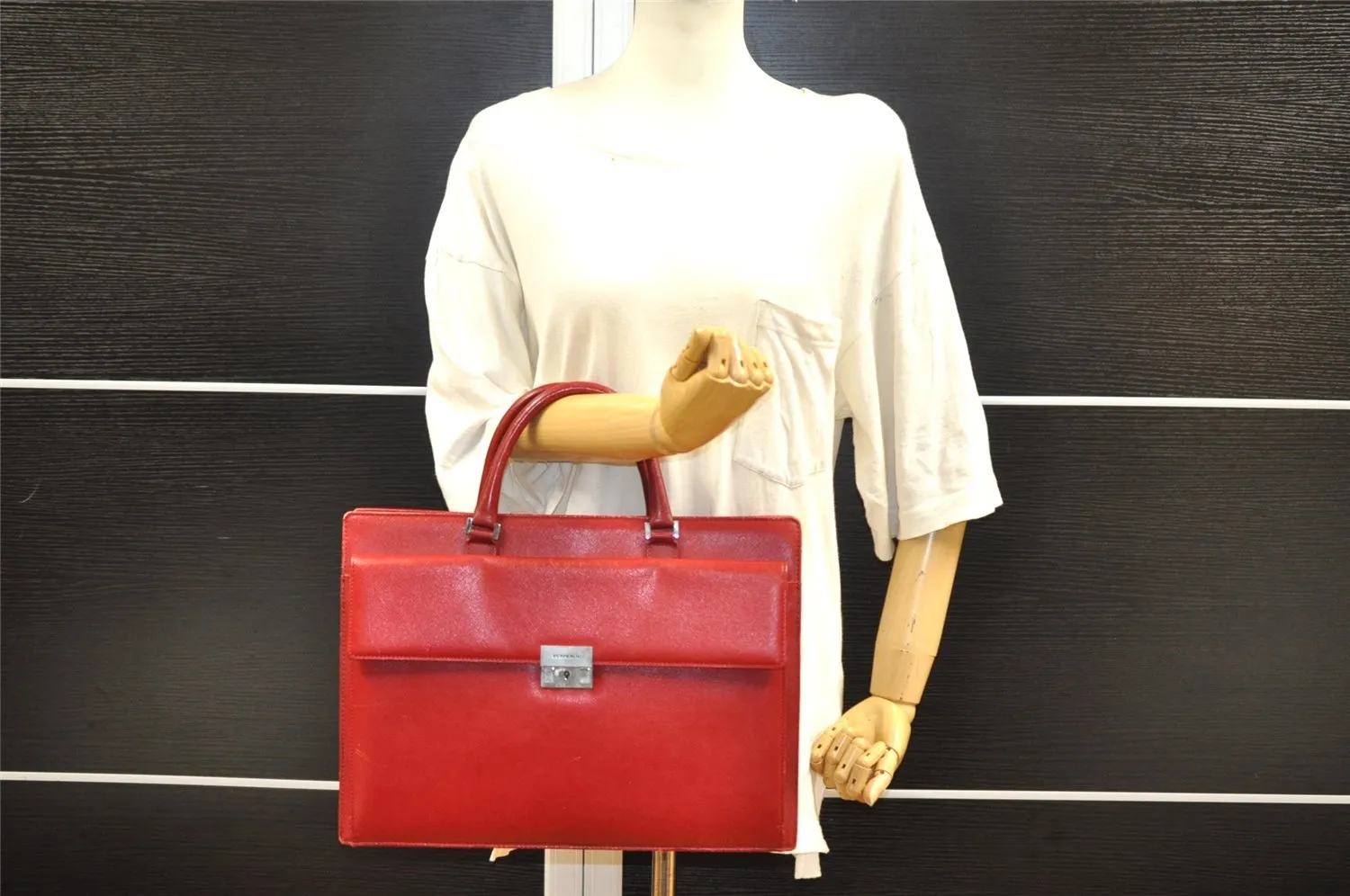 Authentic BURBERRY Vintage Leather Briefcase Business Hand Bag Red 2449I