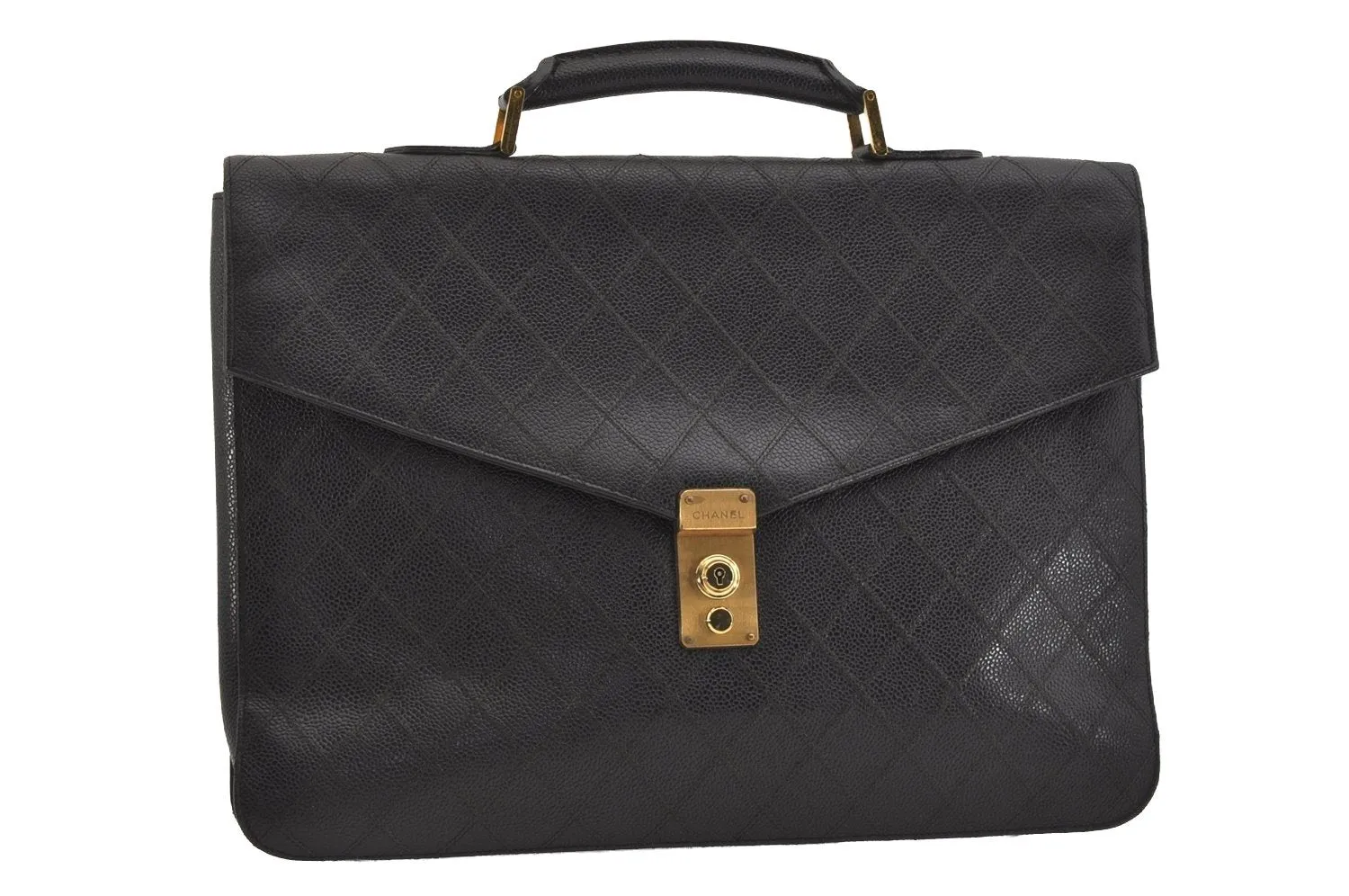 Authentic CHANEL Caviar Skin Bicolore CC Logo Briefcase Business Bag Black 6105J
