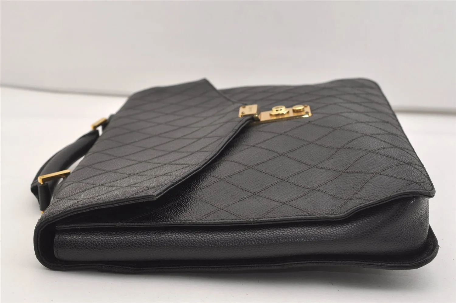 Authentic CHANEL Caviar Skin Bicolore CC Logo Briefcase Business Bag Black 6105J