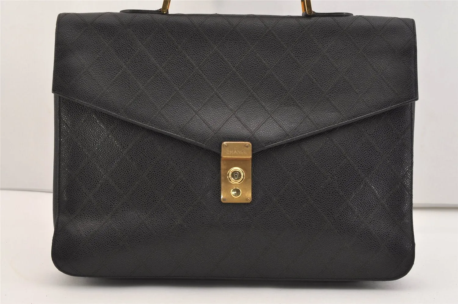 Authentic CHANEL Caviar Skin Bicolore CC Logo Briefcase Business Bag Black 6105J
