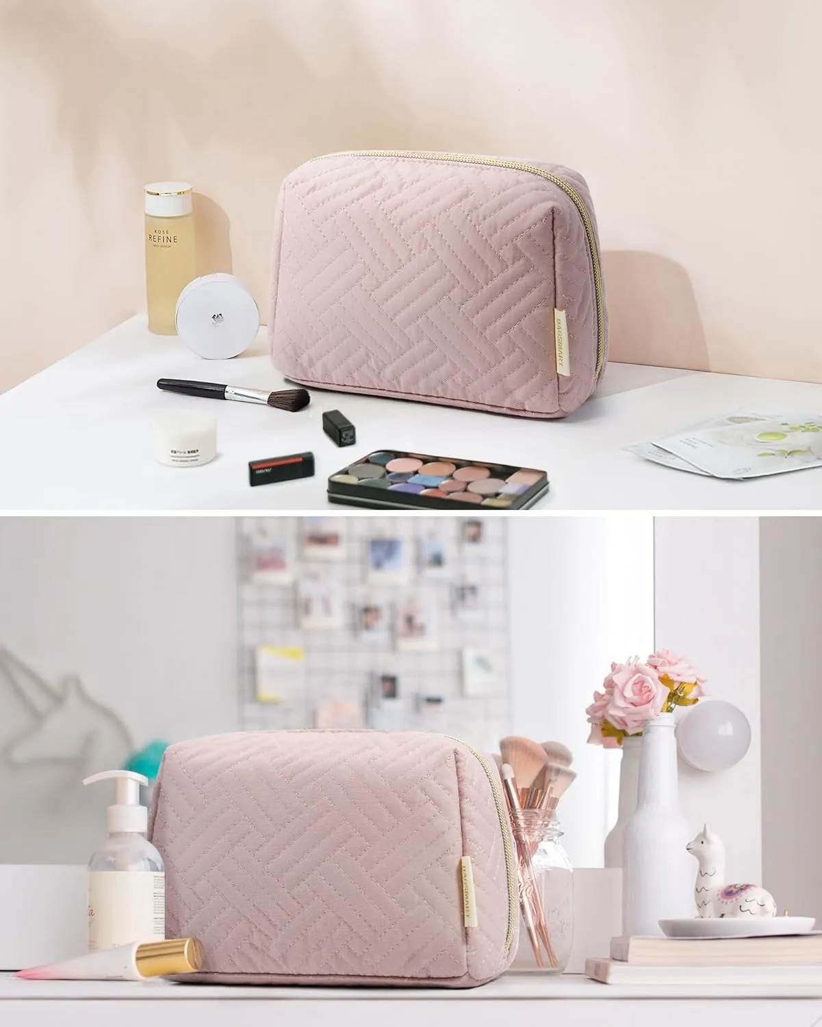 BAGSMART Small Makeup Bag, Travel Cosmetic Bag Make Up Pouch Small Travel Essentials for Women Dorm Room Essentials Pouch,Water-resistant Toiletry Bag,Makeup Organizer Bag,Pink