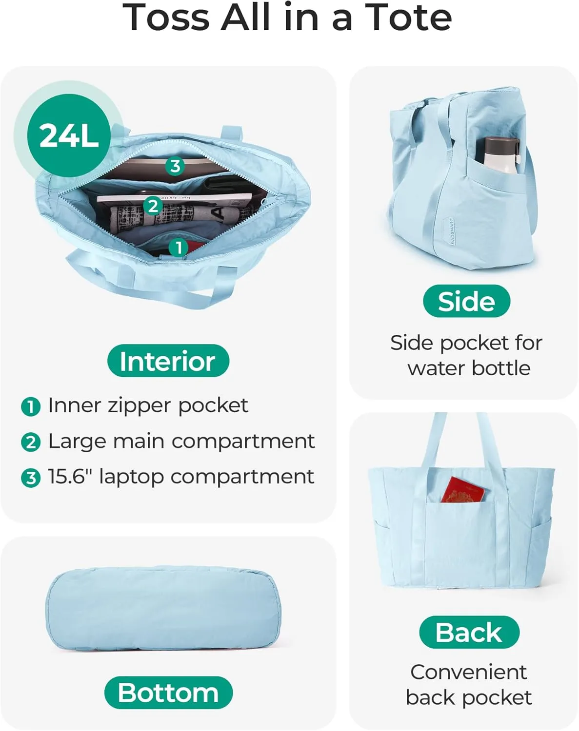 BAGSMART Tote Bag for Women with Zipper, Gym tote with Compartments, Work Tote Nurse Dance Yoga Bag for Travel