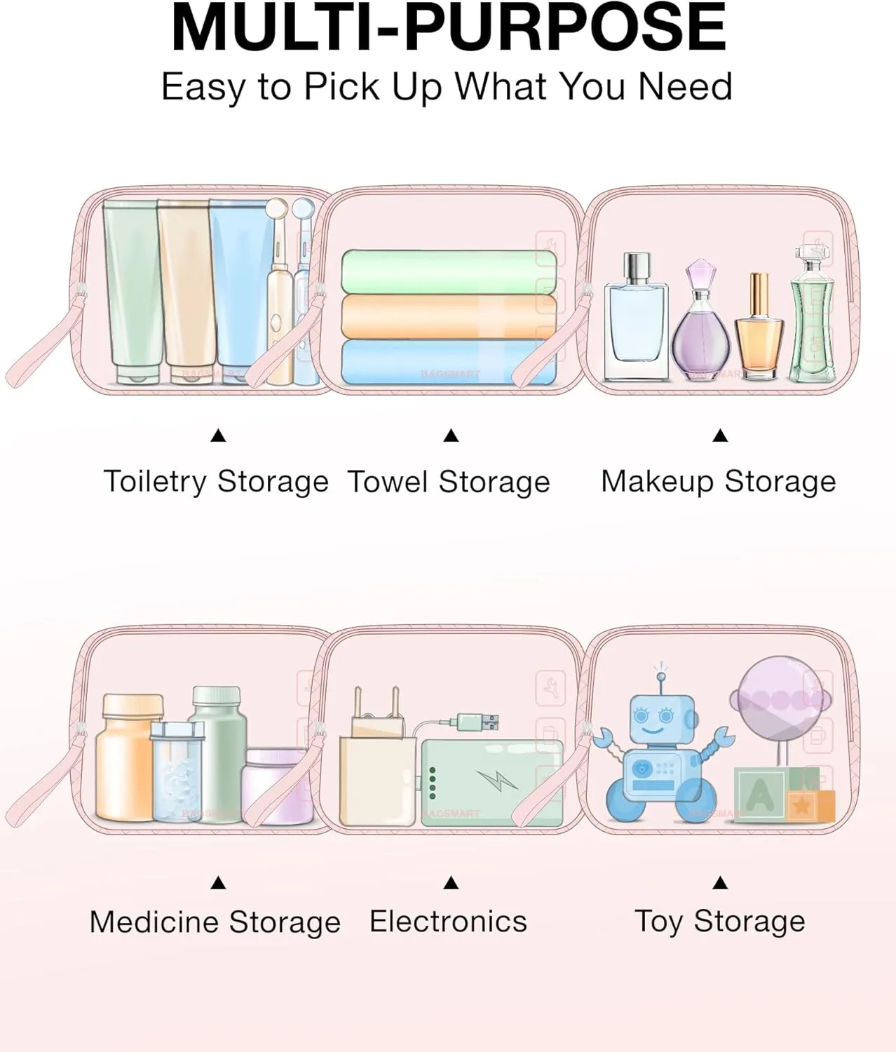 BAGSMART TSA Approved Toiletry Bag, 2 Pack Clear Makeup Cosmetic Bag Organizer, Quart Size Travel Bag for Toiletries, Carry-on Travel Accessories Essentials - Pink