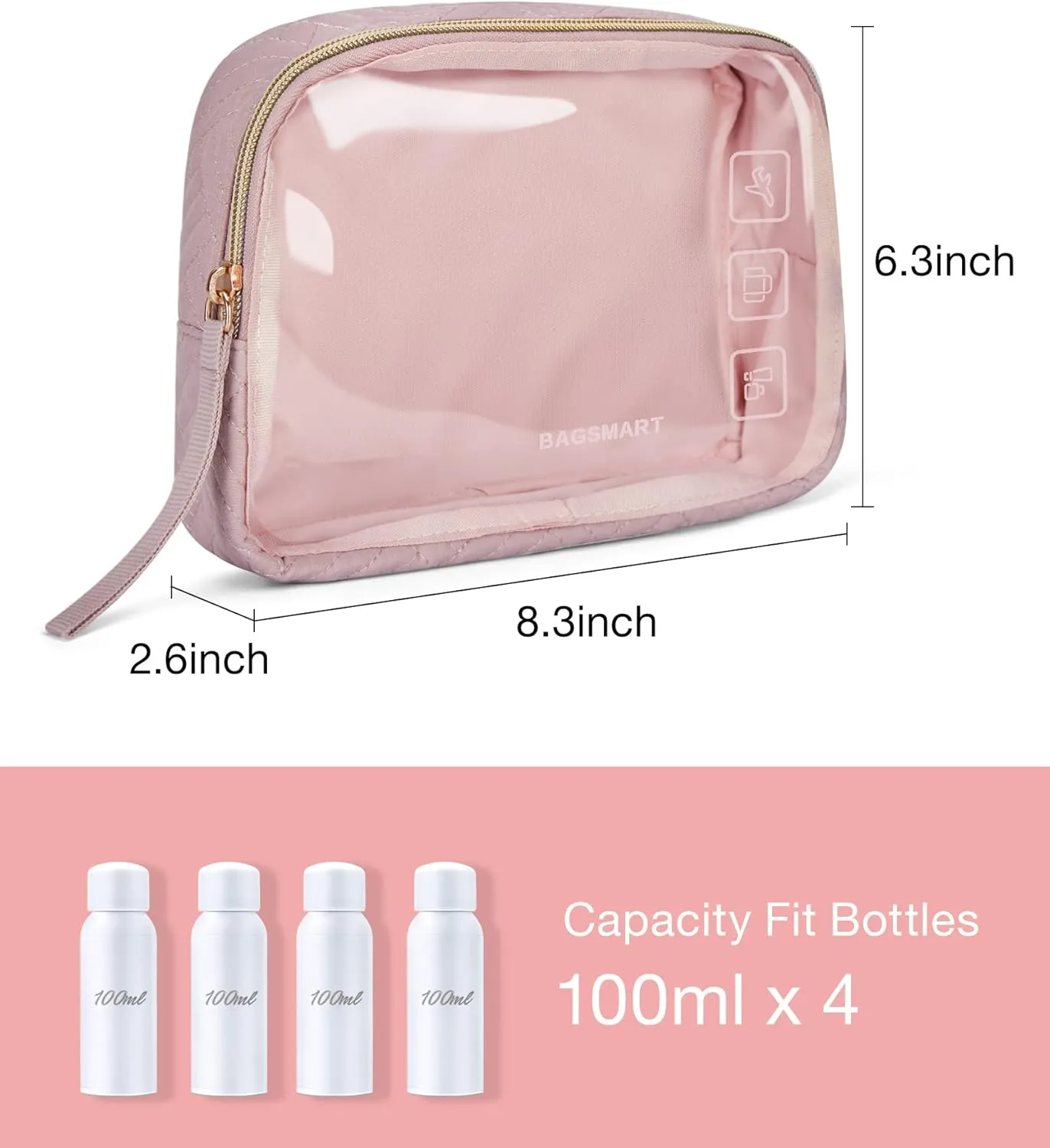BAGSMART TSA Approved Toiletry Bag, 2 Pack Clear Makeup Cosmetic Bag Organizer, Quart Size Travel Bag for Toiletries, Carry-on Travel Accessories Essentials - Pink