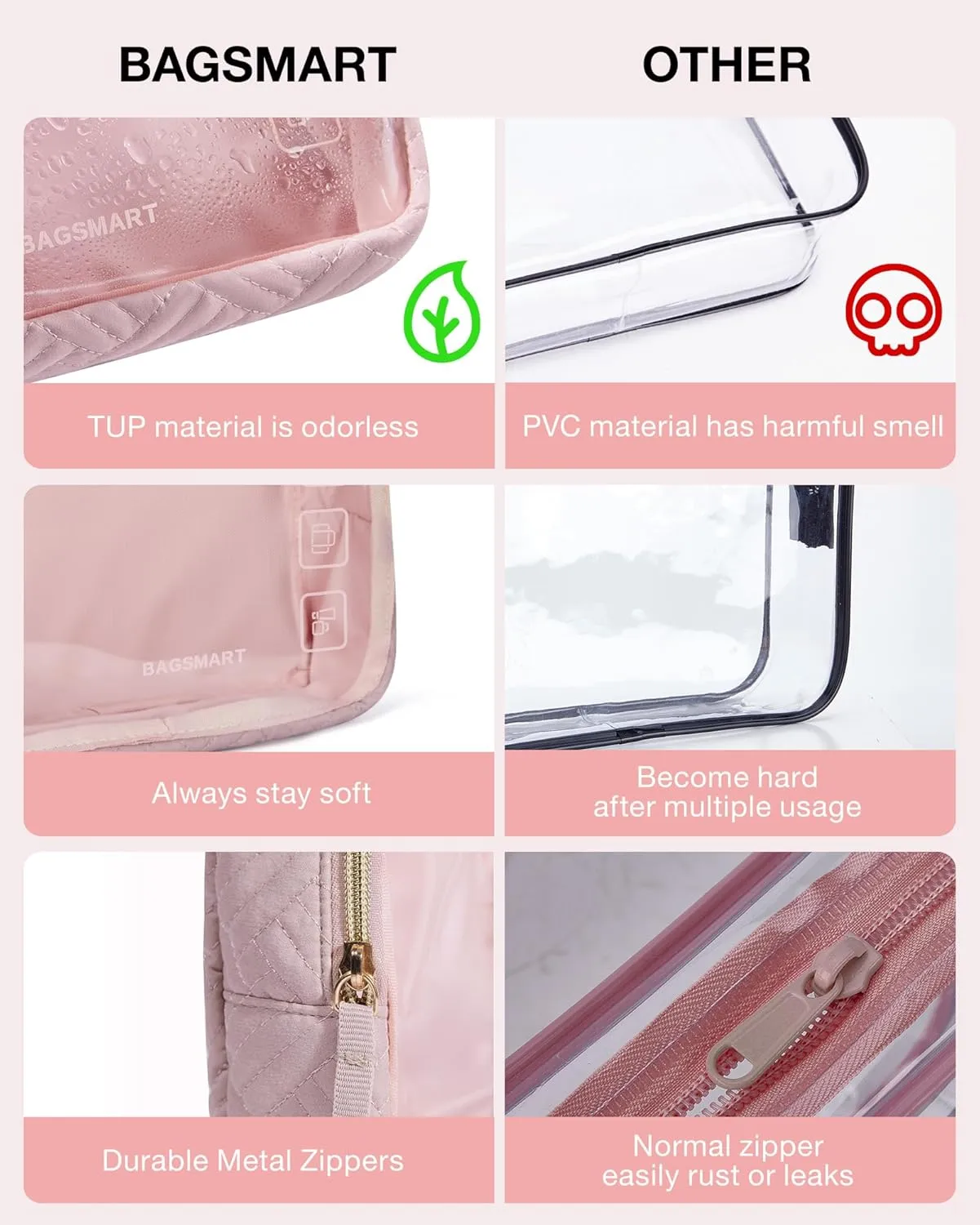 BAGSMART TSA Approved Toiletry Bag, 2 Pack Clear Makeup Cosmetic Bag Organizer, Quart Size Travel Bag for Toiletries, Carry-on Travel Accessories Essentials - Pink