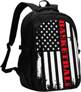 Basketball American Flag Travel Backpack Laptop Backpacks Business Rucksack Outdoor Daypack Large Sport Bag with Luggage Strap USB Charging Port for Hiking Working