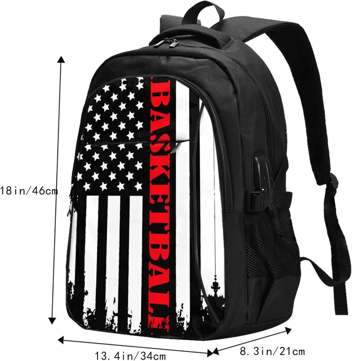 Basketball American Flag Travel Backpack Laptop Backpacks Business Rucksack Outdoor Daypack Large Sport Bag with Luggage Strap USB Charging Port for Hiking Working