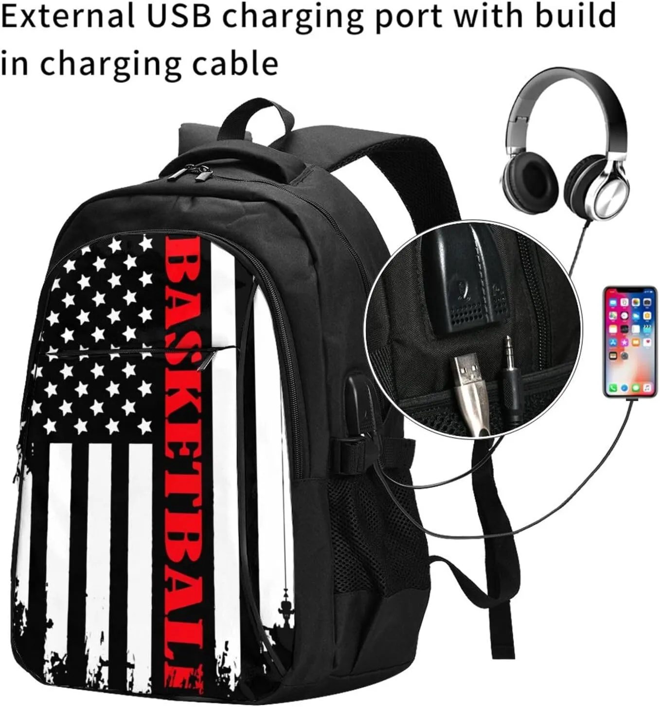 Basketball American Flag Travel Backpack Laptop Backpacks Business Rucksack Outdoor Daypack Large Sport Bag with Luggage Strap USB Charging Port for Hiking Working