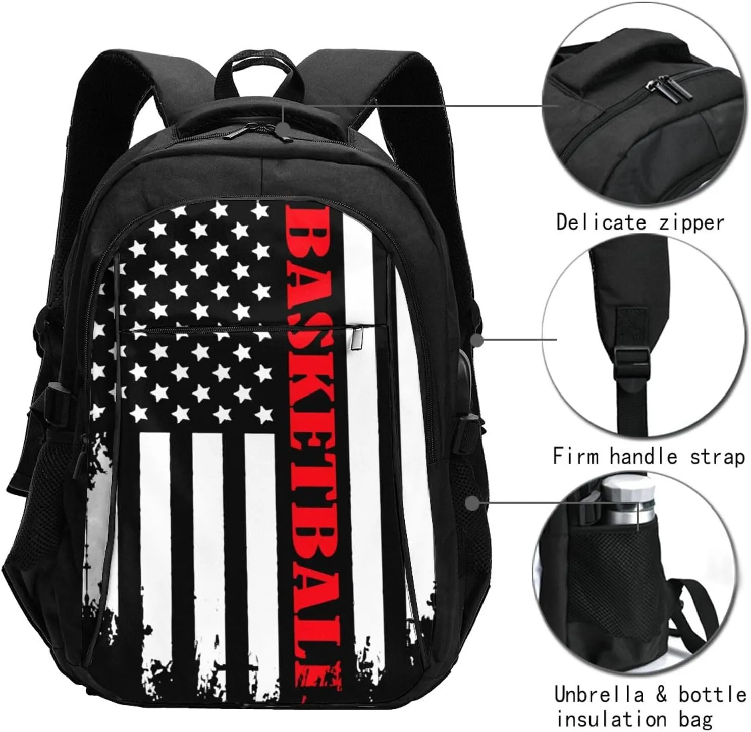 Basketball American Flag Travel Backpack Laptop Backpacks Business Rucksack Outdoor Daypack Large Sport Bag with Luggage Strap USB Charging Port for Hiking Working