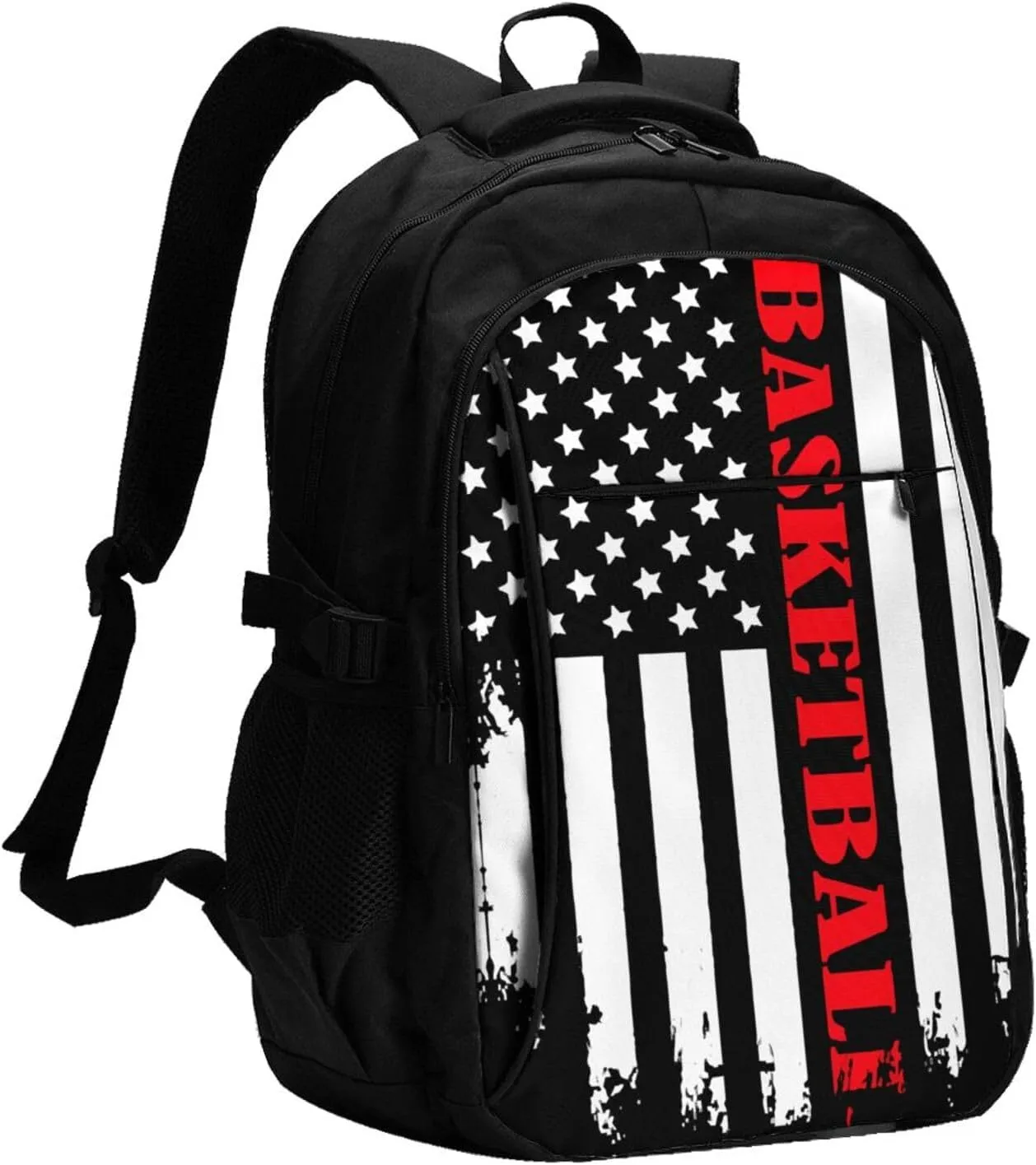 Basketball American Flag Travel Backpack Laptop Backpacks Business Rucksack Outdoor Daypack Large Sport Bag with Luggage Strap USB Charging Port for Hiking Working