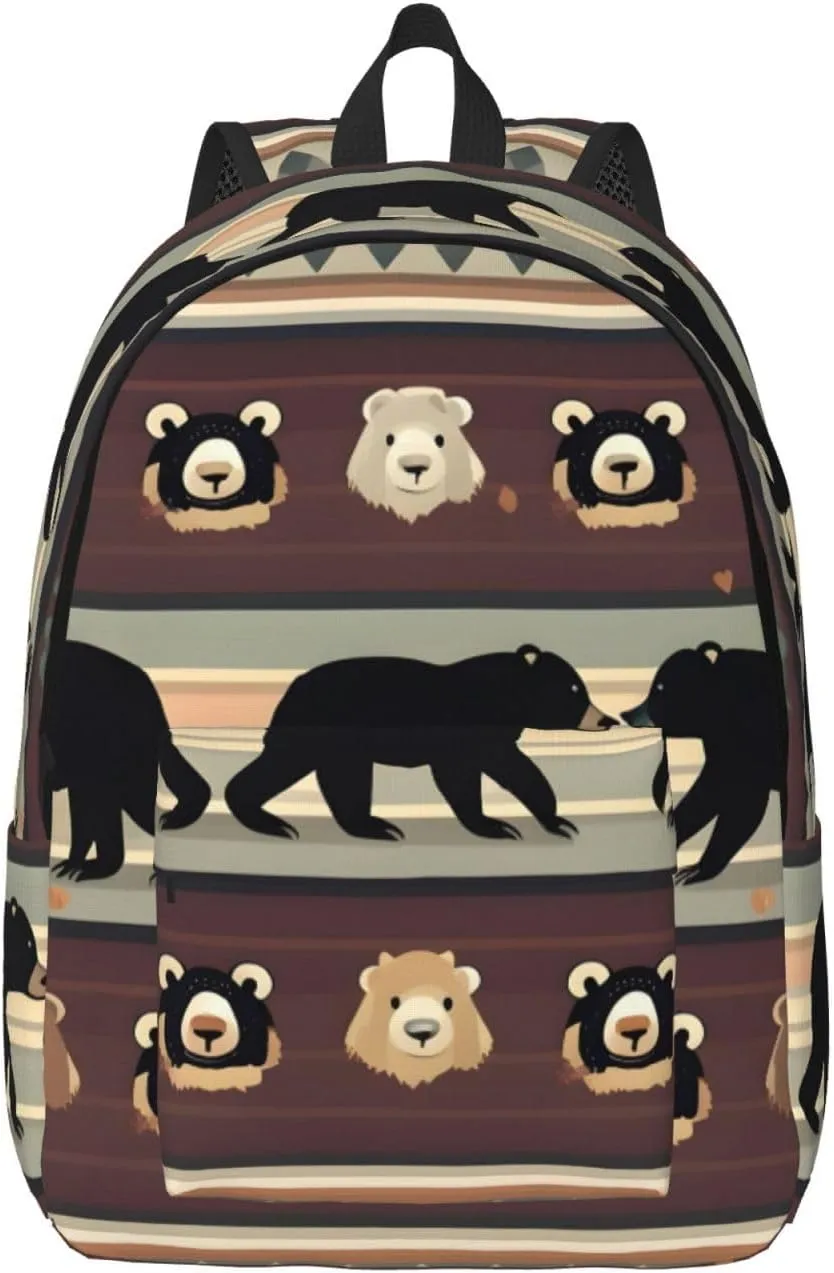 Bear Print Canvas Laptop Backpack Outdoor Casual Travel Bag Daypack Book Bag For Men Women