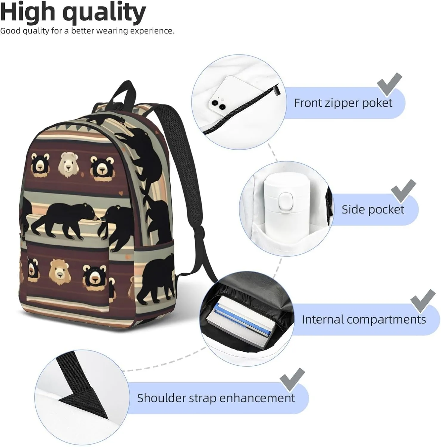 Bear Print Canvas Laptop Backpack Outdoor Casual Travel Bag Daypack Book Bag For Men Women