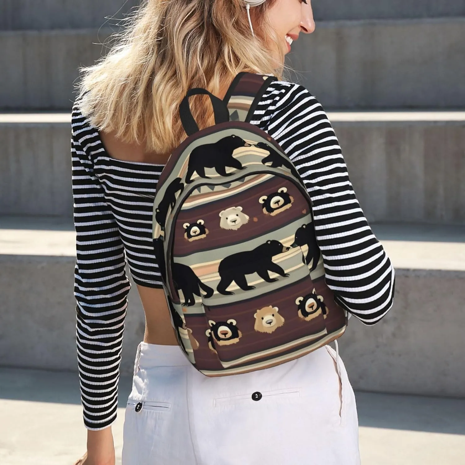 Bear Print Canvas Laptop Backpack Outdoor Casual Travel Bag Daypack Book Bag For Men Women