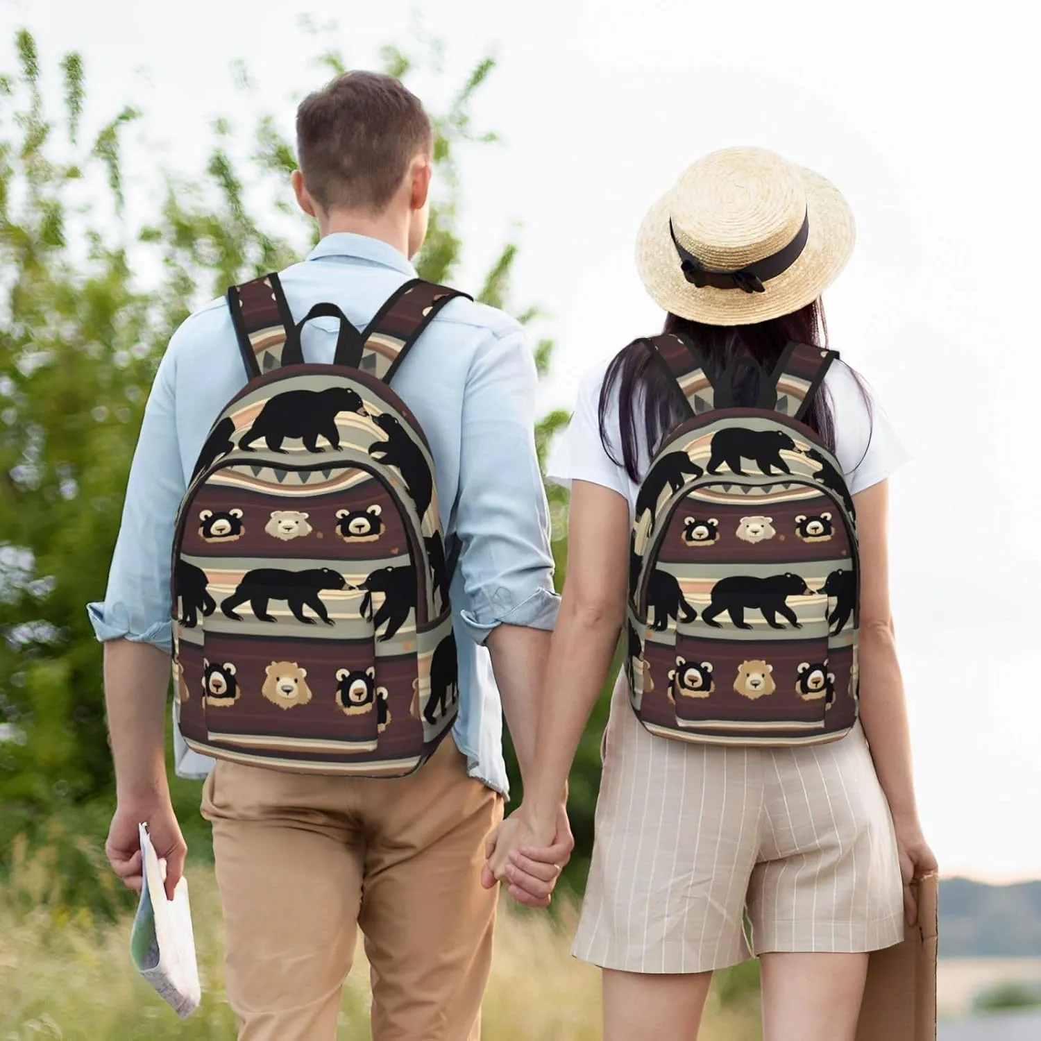 Bear Print Canvas Laptop Backpack Outdoor Casual Travel Bag Daypack Book Bag For Men Women
