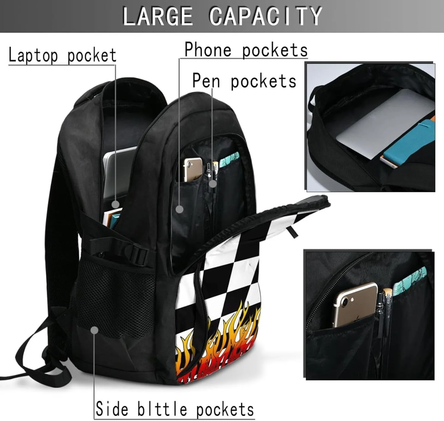 Black and White Checkered Racing Flames Flag Travel Backpack Laptop Backpacks Business Rucksack Outdoor Daypack Large Sport Bag with Luggage Strap USB Charging Port for Hiking Working