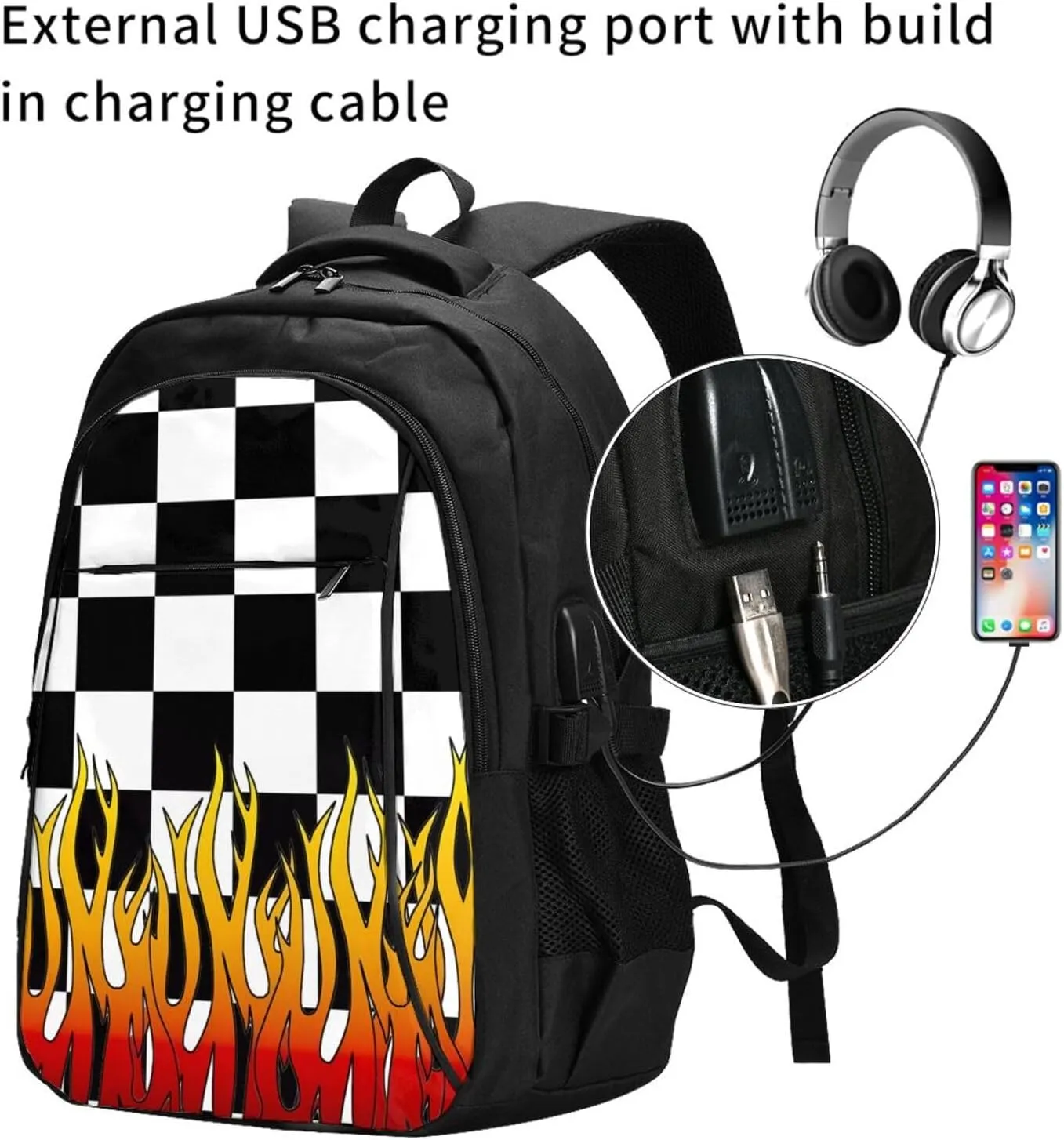 Black and White Checkered Racing Flames Flag Travel Backpack Laptop Backpacks Business Rucksack Outdoor Daypack Large Sport Bag with Luggage Strap USB Charging Port for Hiking Working