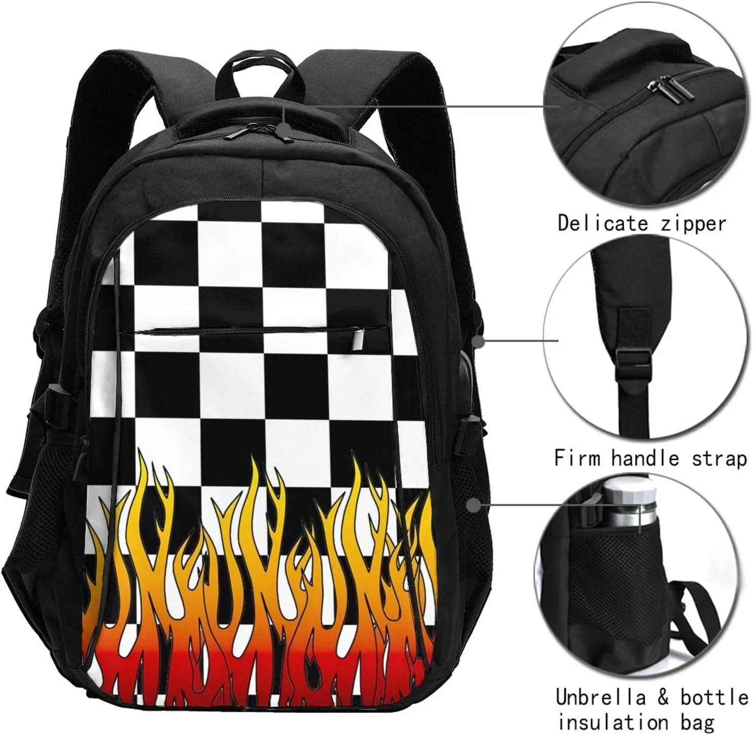 Black and White Checkered Racing Flames Flag Travel Backpack Laptop Backpacks Business Rucksack Outdoor Daypack Large Sport Bag with Luggage Strap USB Charging Port for Hiking Working