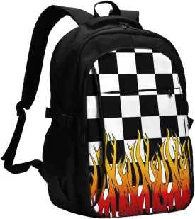 Black and White Checkered Racing Flames Flag Travel Backpack Laptop Backpacks Business Rucksack Outdoor Daypack Large Sport Bag with Luggage Strap USB Charging Port for Hiking Working