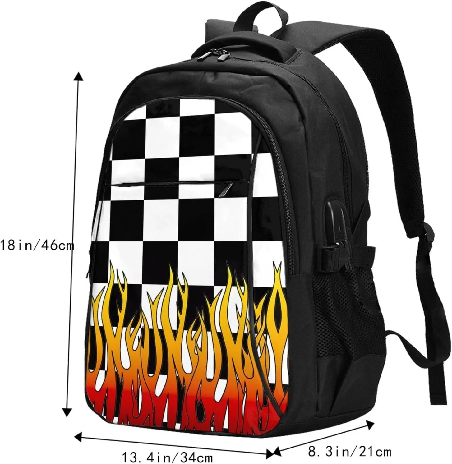 Black and White Checkered Racing Flames Flag Travel Backpack Laptop Backpacks Business Rucksack Outdoor Daypack Large Sport Bag with Luggage Strap USB Charging Port for Hiking Working