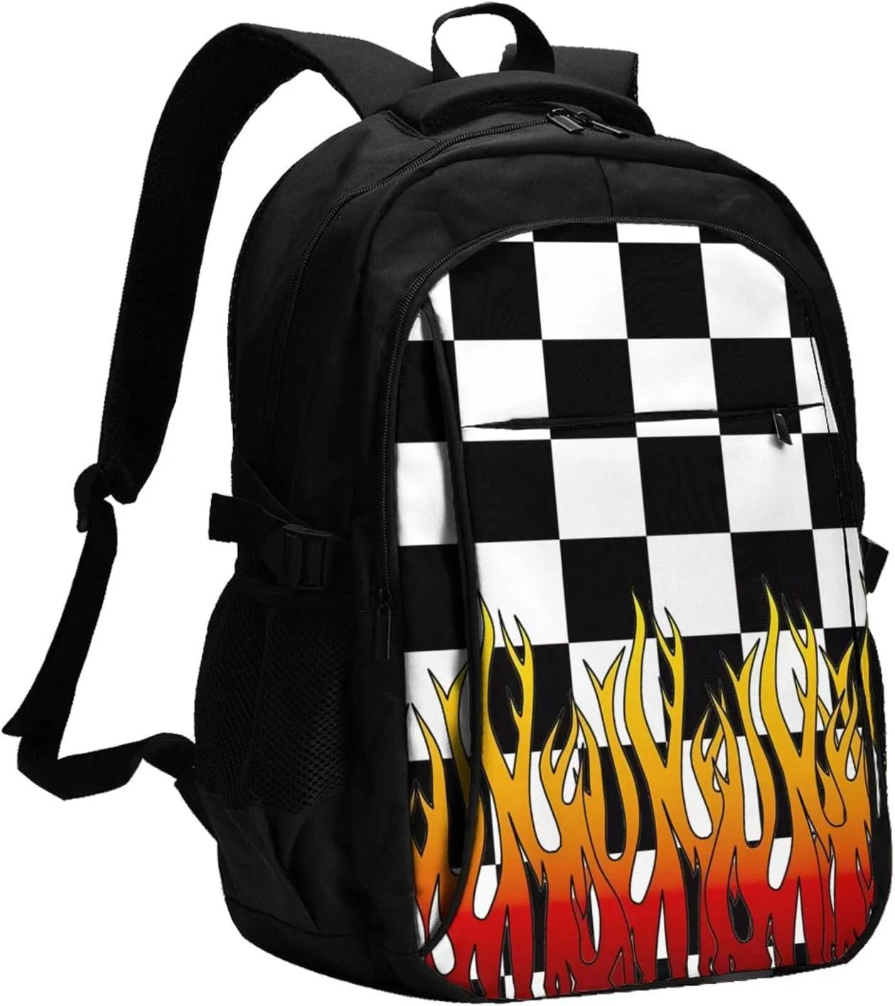 Black and White Checkered Racing Flames Flag Travel Backpack Laptop Backpacks Business Rucksack Outdoor Daypack Large Sport Bag with Luggage Strap USB Charging Port for Hiking Working