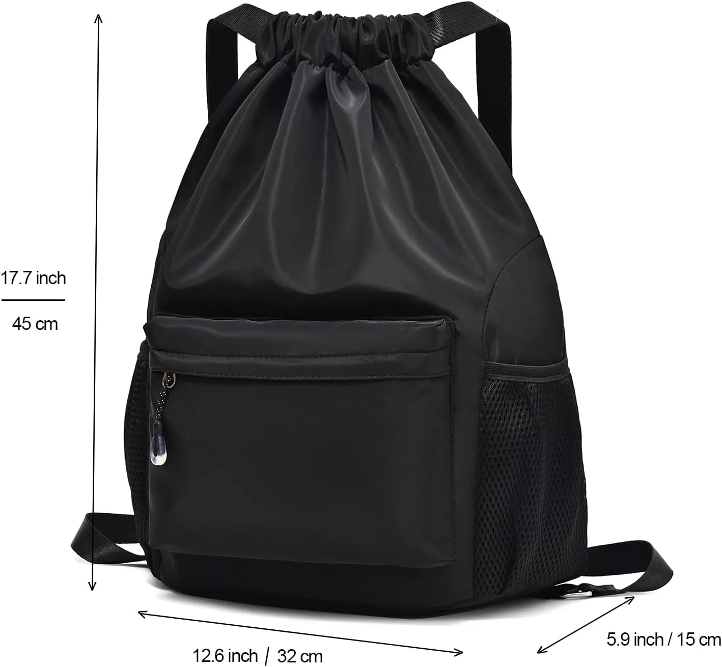 Black Drawstring Backpack for Women, Waterproof Drawstring Gym Bag for Men, Small Cinch Sack for Basketball, Pull String Sport Bag for Soccer.
