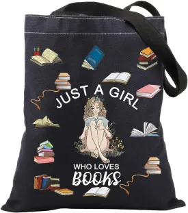 BNQL Just a Who Girl Loves Books Gifts Tote Bag Book Lover Gifts for Women Girl Book Reader Gifts for Bookworm Nerd Tote Bag (Loves Books Tote Bag black), Large