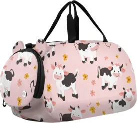 Cartoon Cute Cow Peach Girl's Gym Duffel Bag with Shoes Compartment Multifunctional Weekend Travel Bag for School Practice, Sports, Travel