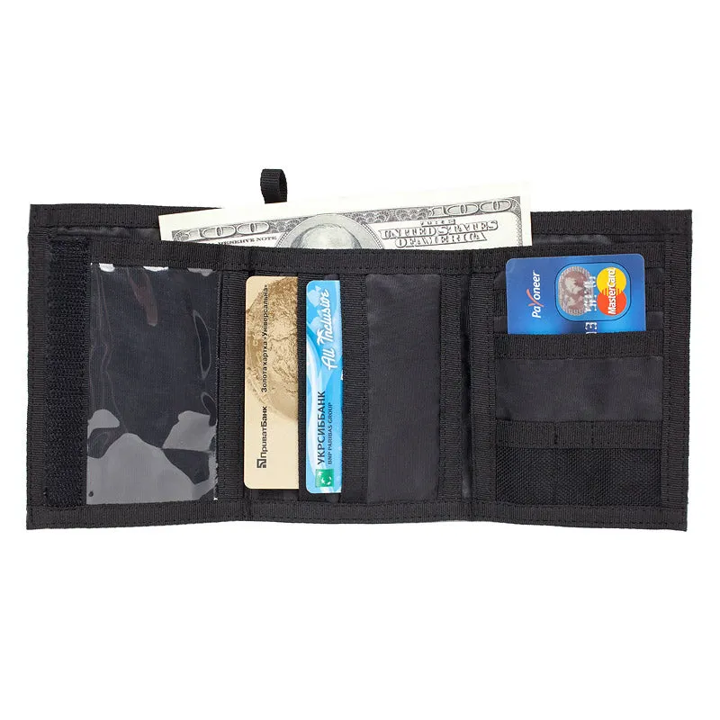 Chameleon Velcro Trifold Mens Wallet-Military Tactical Men Wallets- ID Card Holder - Canvas Thin Front Pocket Travel Wallet-Coin Zipper Pocket-Black