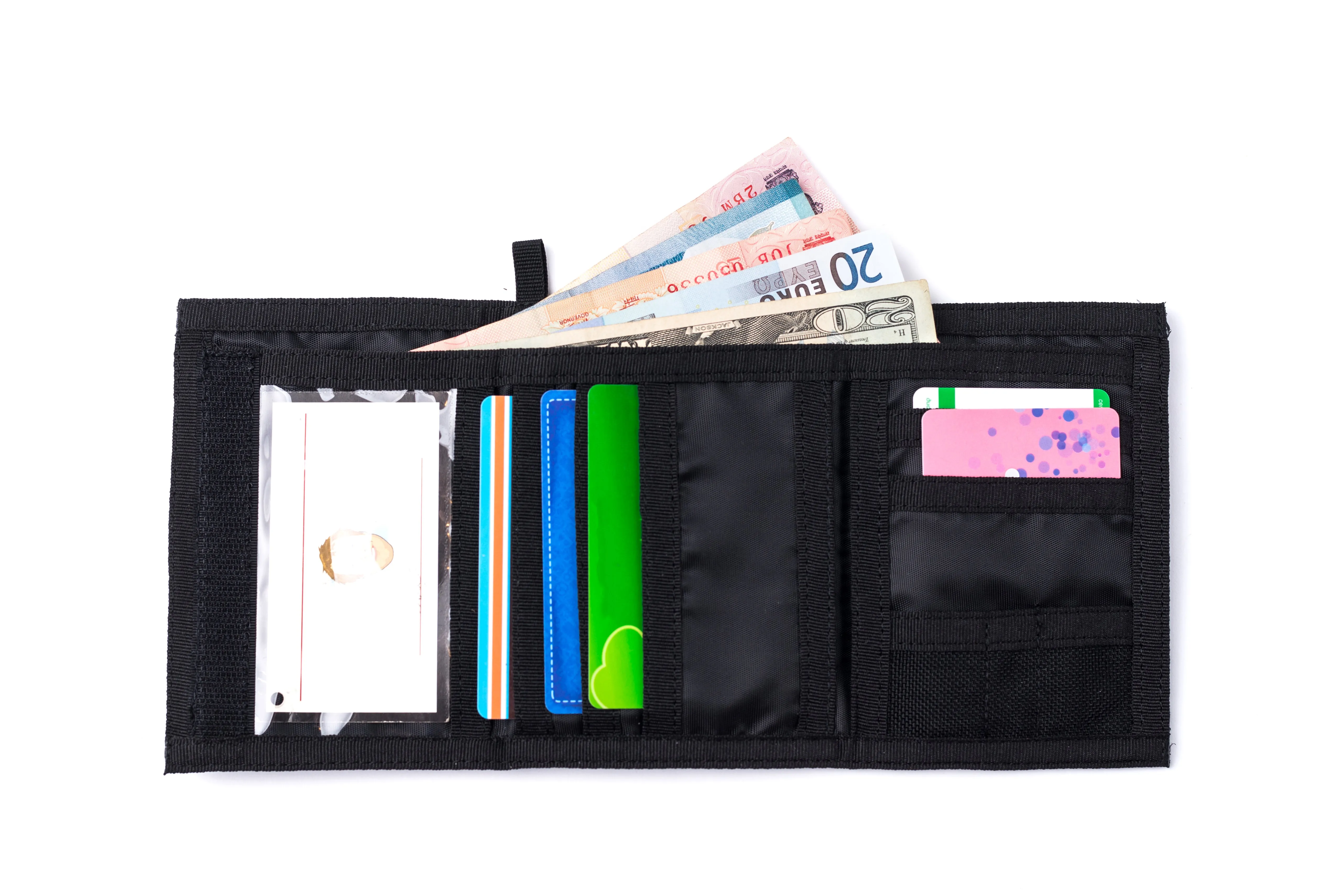 Chameleon Velcro Trifold Mens Wallet-Military Tactical Men Wallets- ID Card Holder - Canvas Thin Front Pocket Travel Wallet-Coin Zipper Pocket-Black