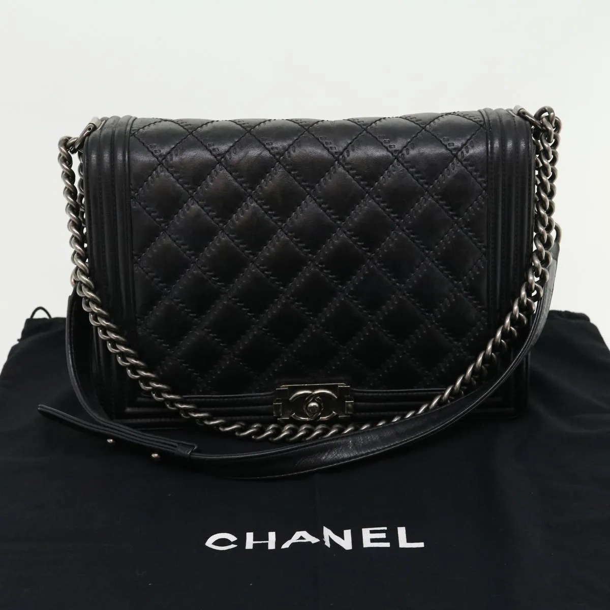CHANEL Big Matelasse Boy  Chain Shoulder Bag Lamb Skin Black  30943A