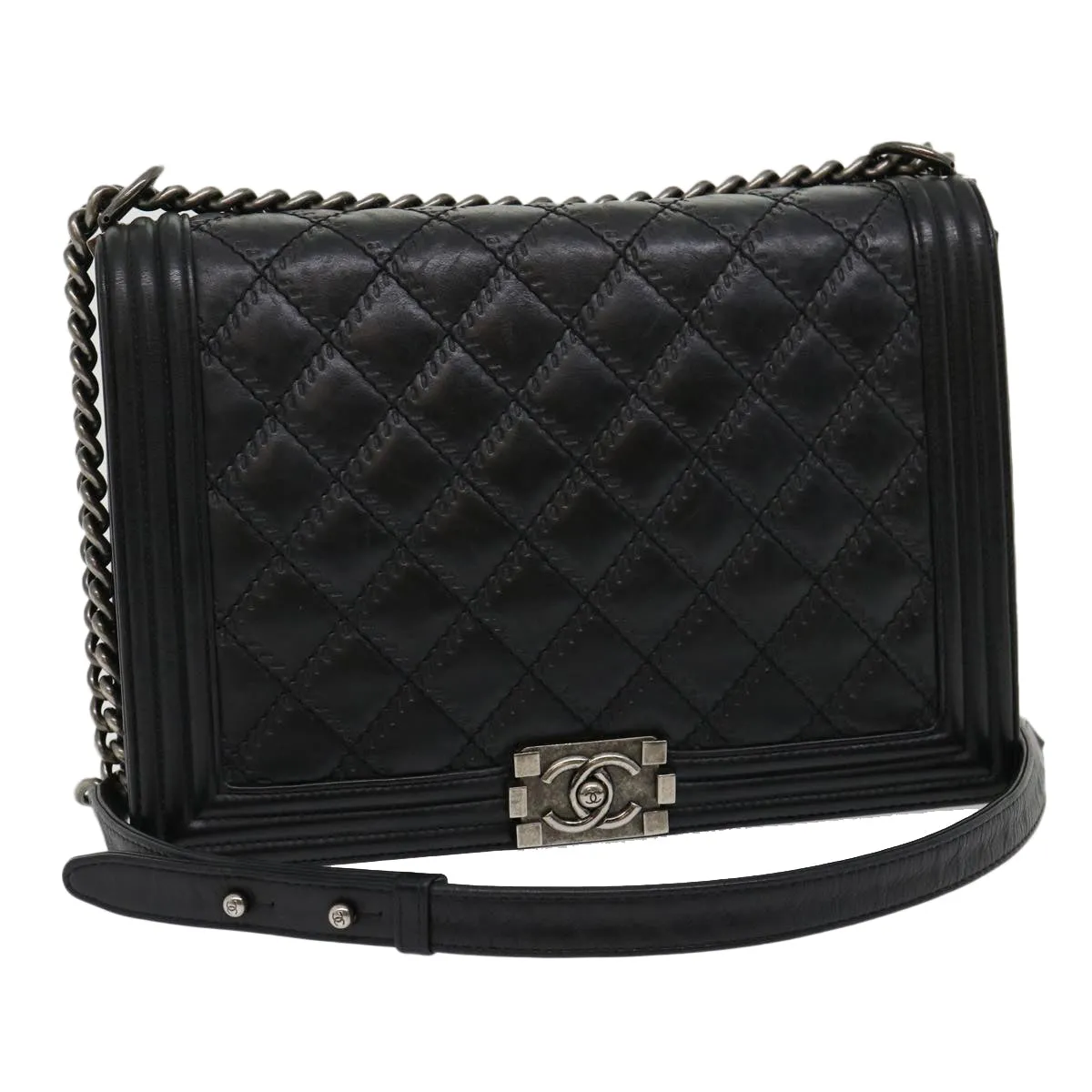 CHANEL Big Matelasse Boy  Chain Shoulder Bag Lamb Skin Black  30943A