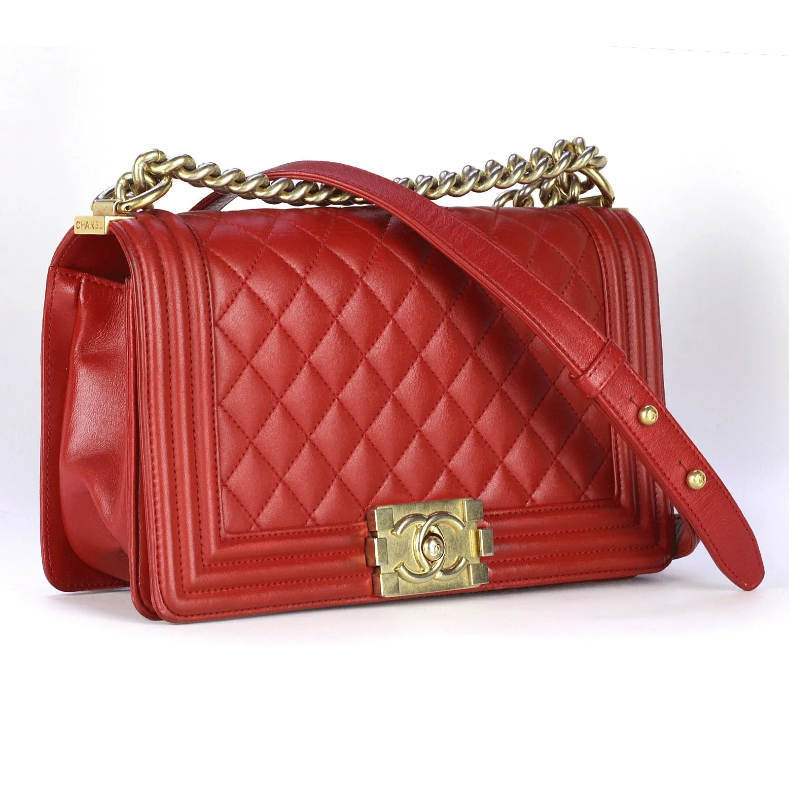 Chanel Boy Bag Chinese Red Lambskin Leather with Gold Hardware Medium