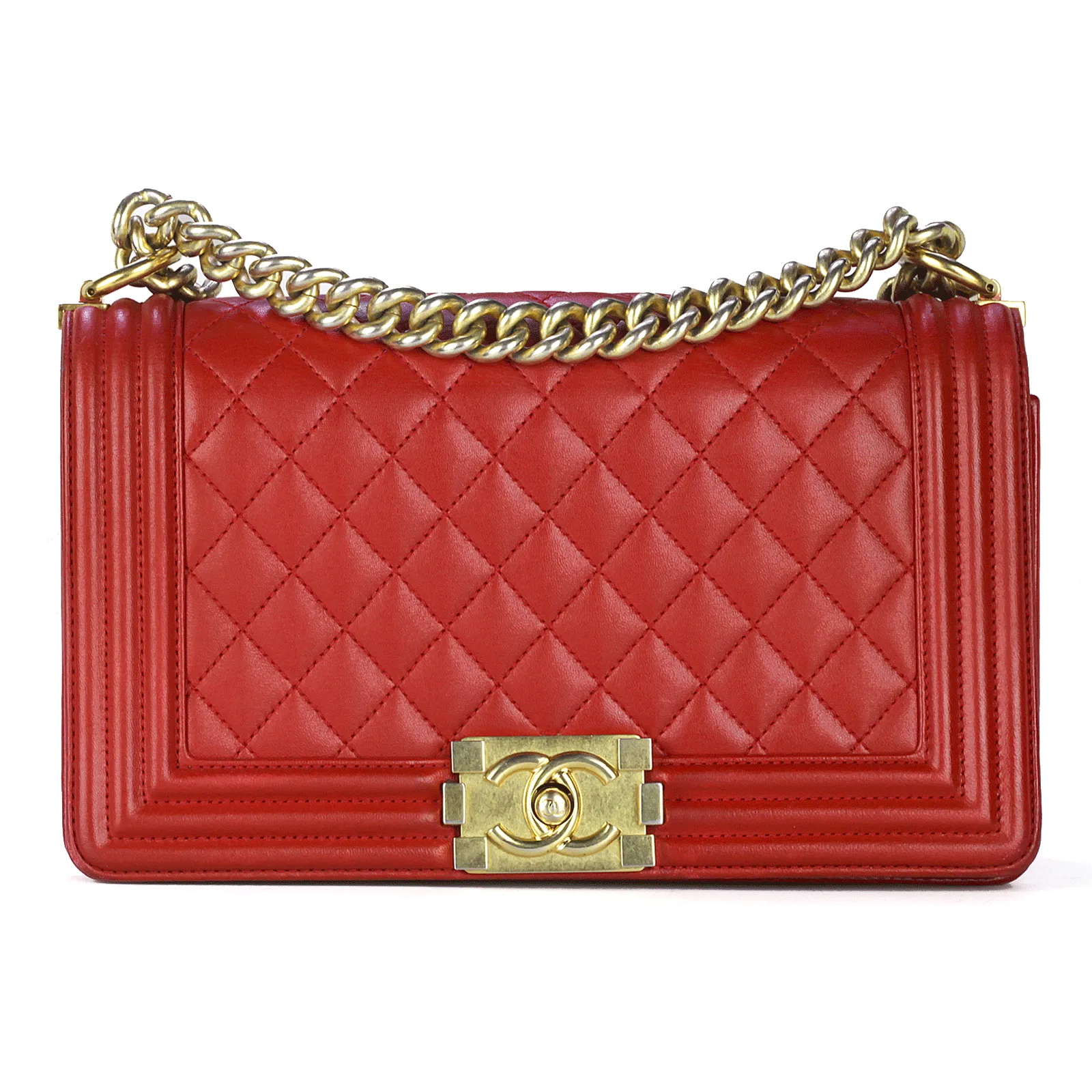 Chanel Boy Bag Chinese Red Lambskin Leather with Gold Hardware Medium