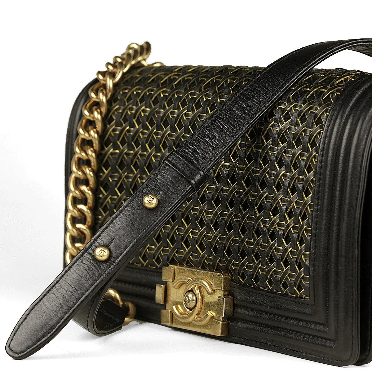 Chanel Boy Bag Medium Black Braided Sheepskin Gold Hardware