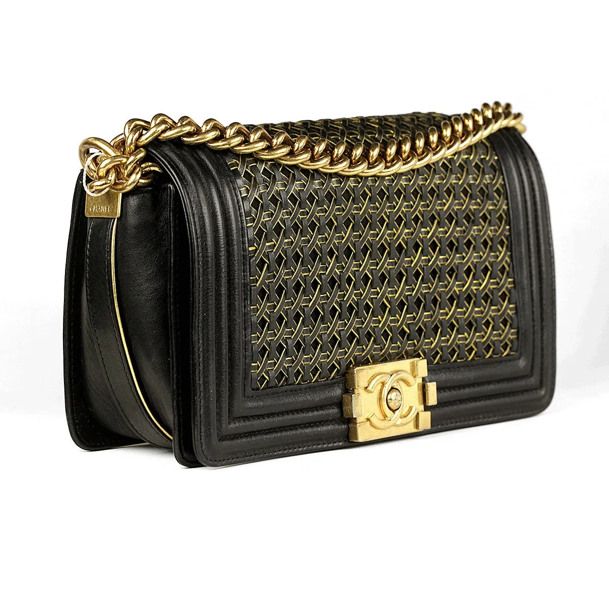 Chanel Boy Bag Medium Black Braided Sheepskin Gold Hardware