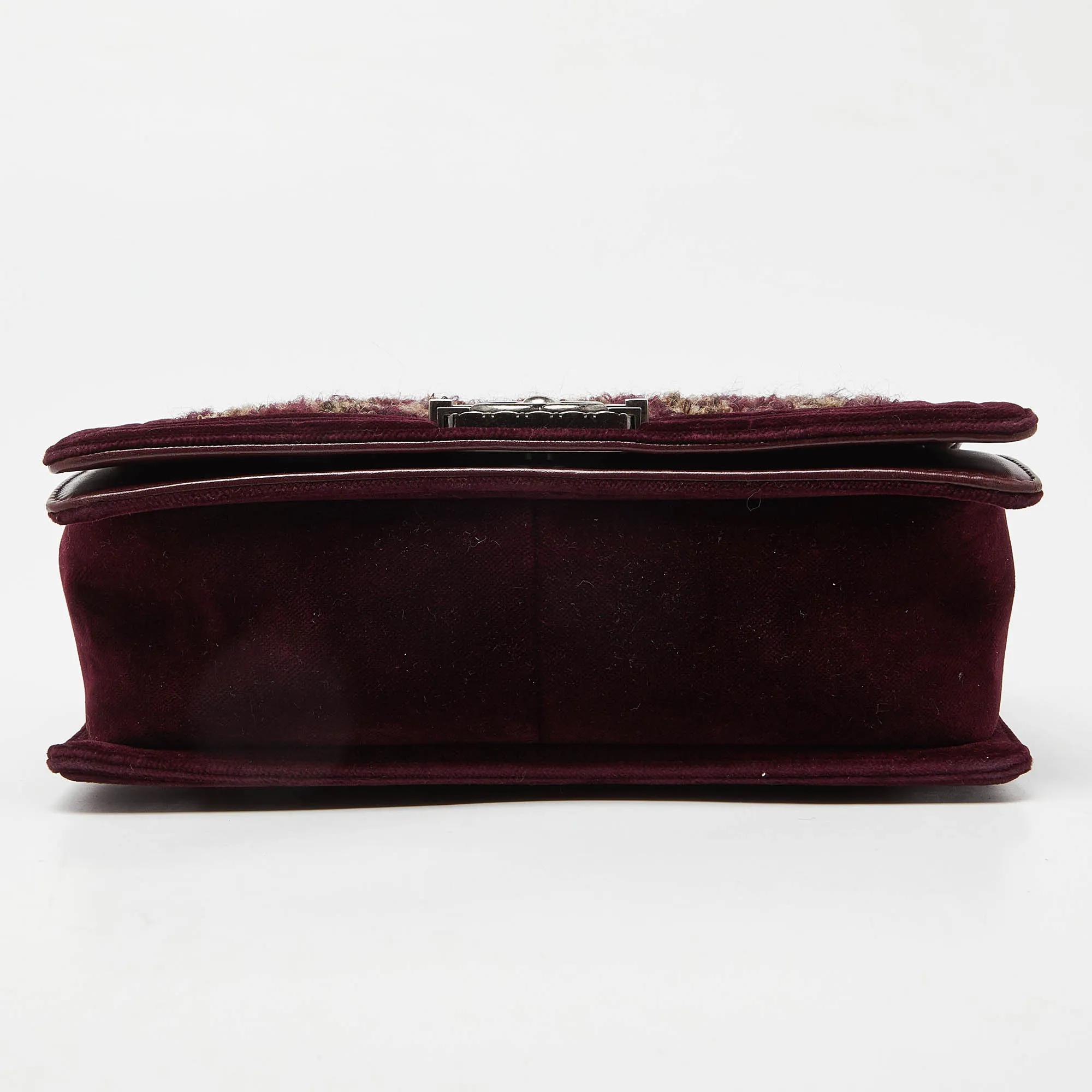 CHANEL Burgundy Quilted Tweed,Leather and Velvet Medium Boy New Bag