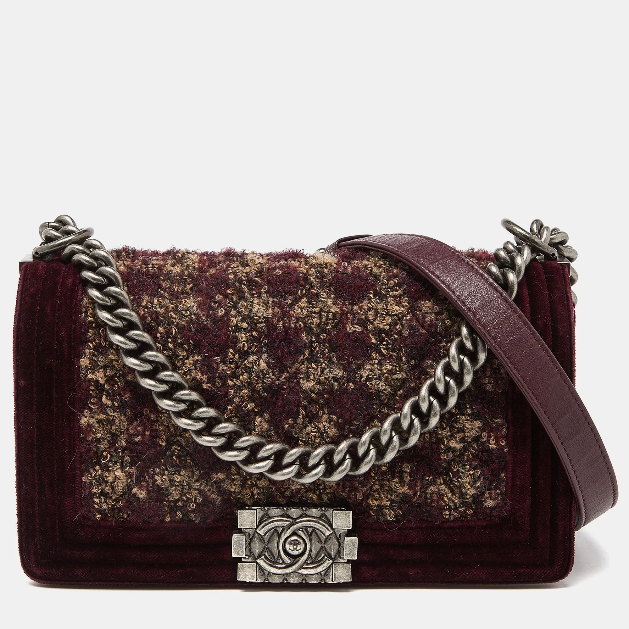 CHANEL Burgundy Quilted Tweed,Leather and Velvet Medium Boy New Bag