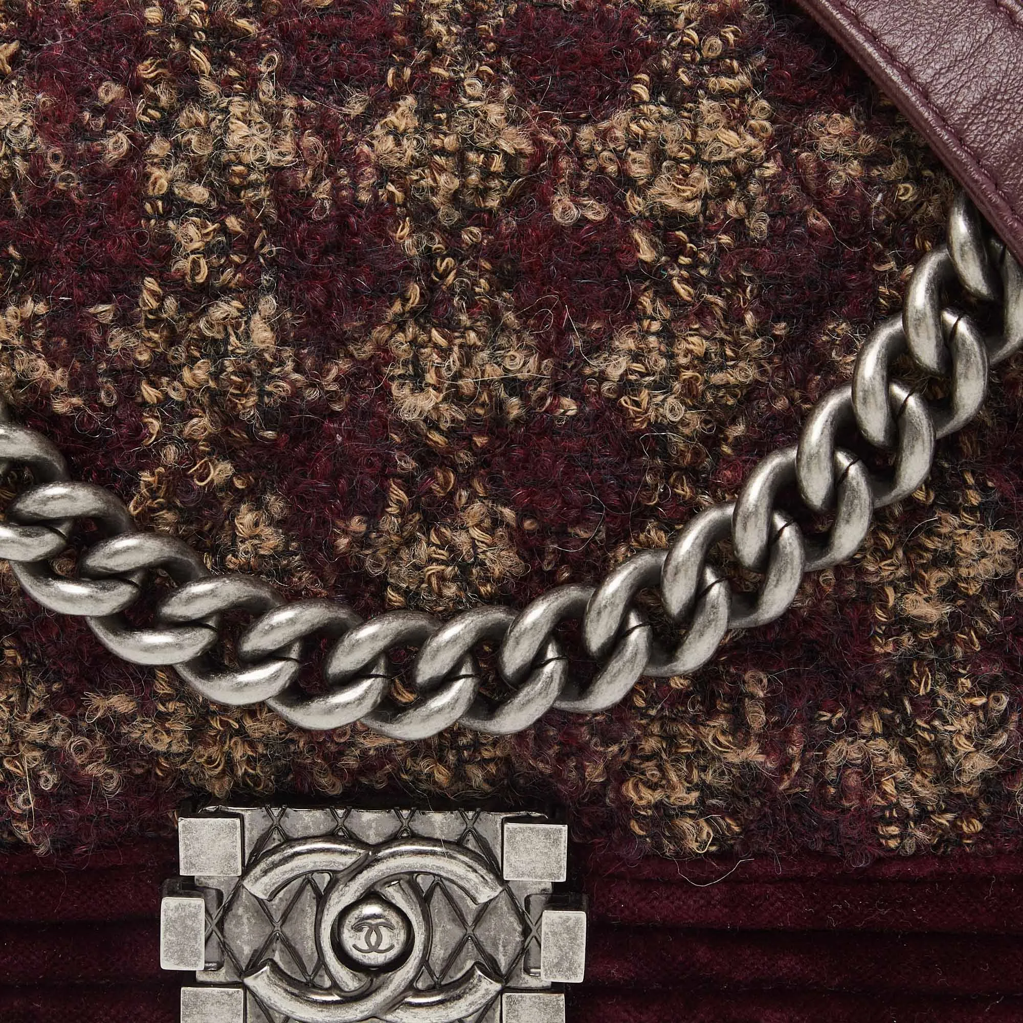 CHANEL Burgundy Quilted Tweed,Leather and Velvet Medium Boy New Bag