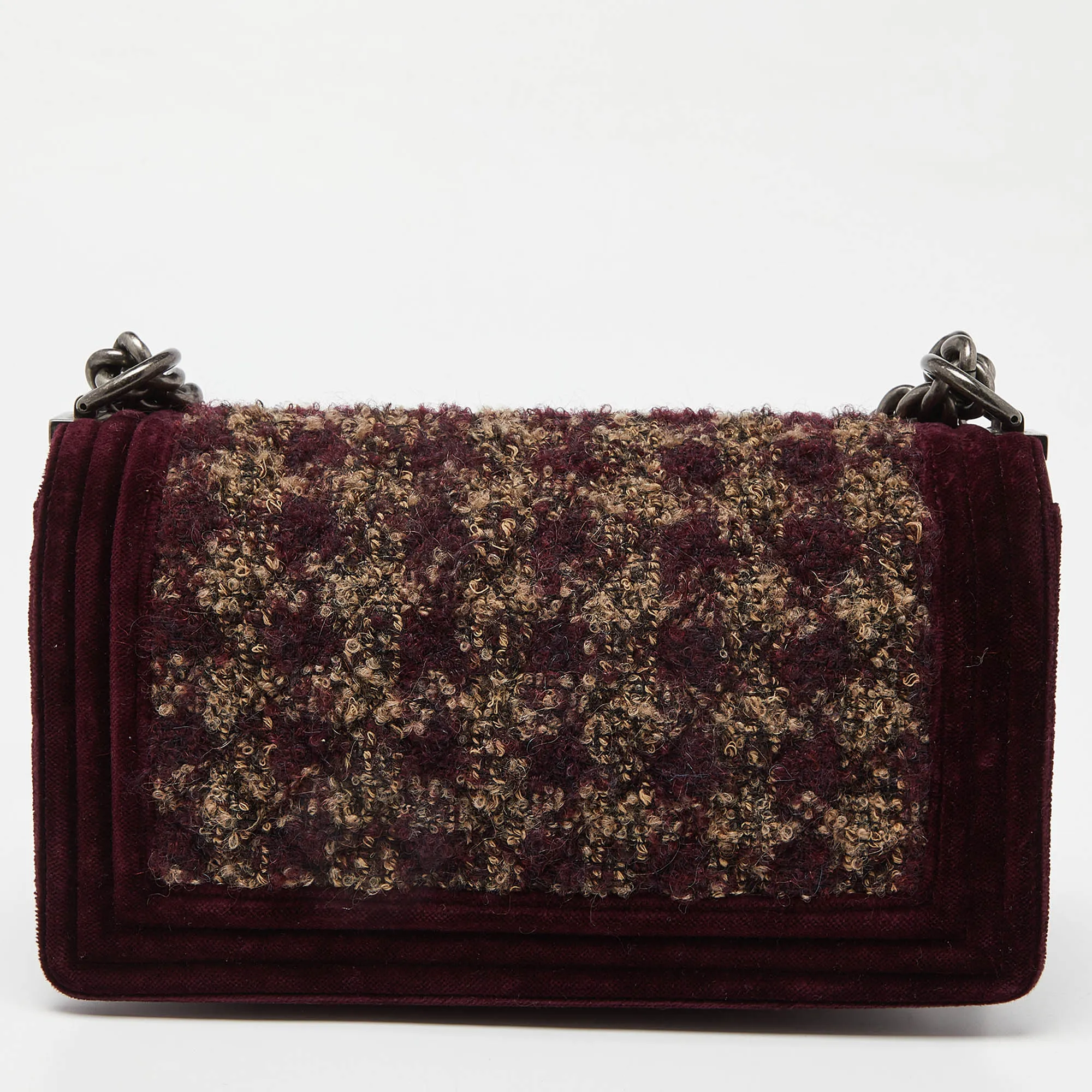 CHANEL Burgundy Quilted Tweed,Leather and Velvet Medium Boy New Bag