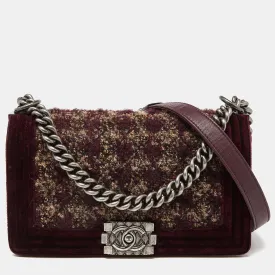 CHANEL Burgundy Quilted Tweed,Leather and Velvet Medium Boy New Bag