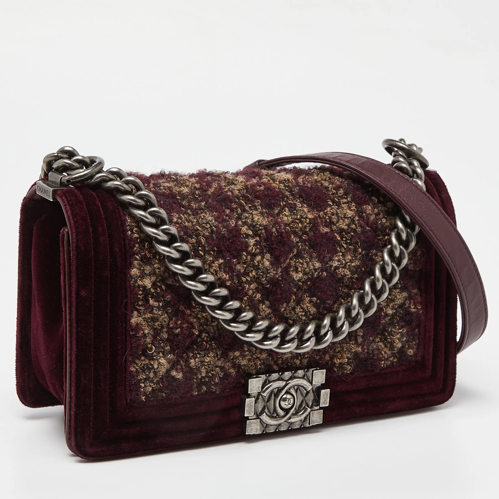 CHANEL Burgundy Quilted Tweed,Leather and Velvet Medium Boy New Bag