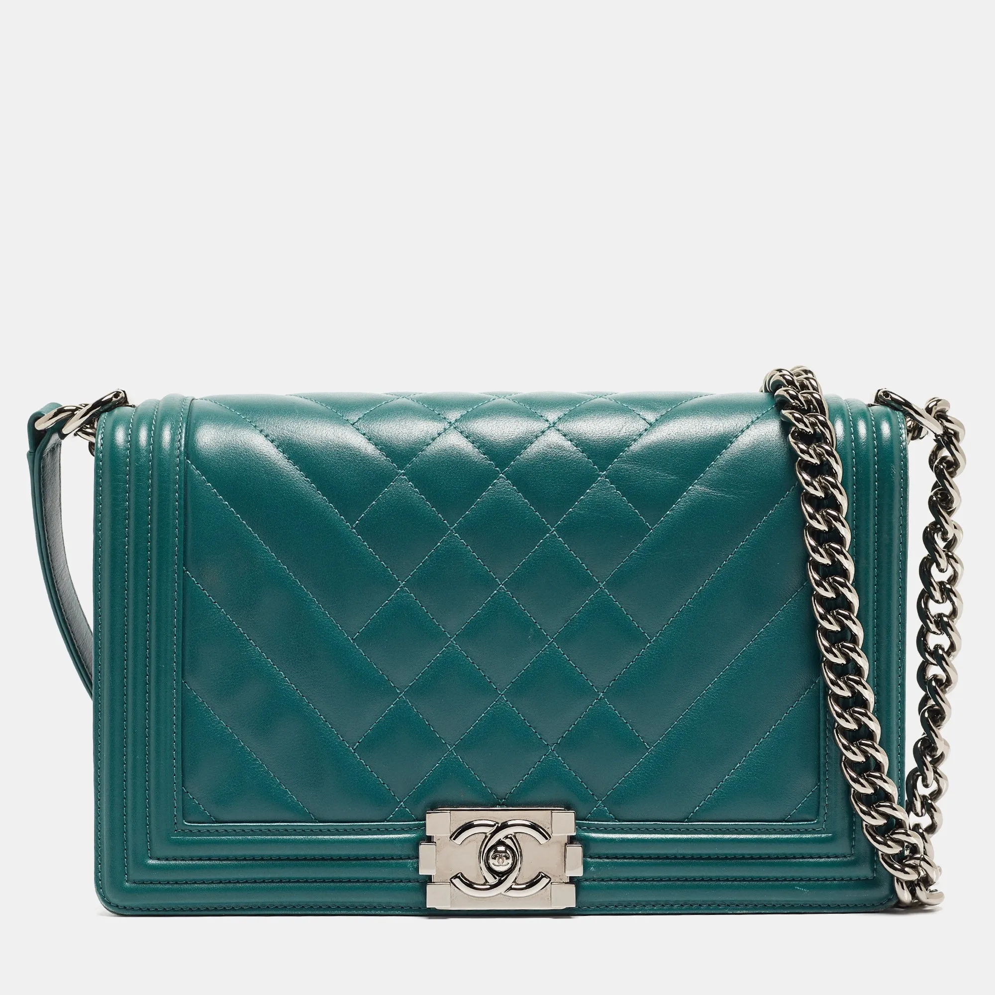 CHANEL Green Quilted Leather New Medium Boy Bag
