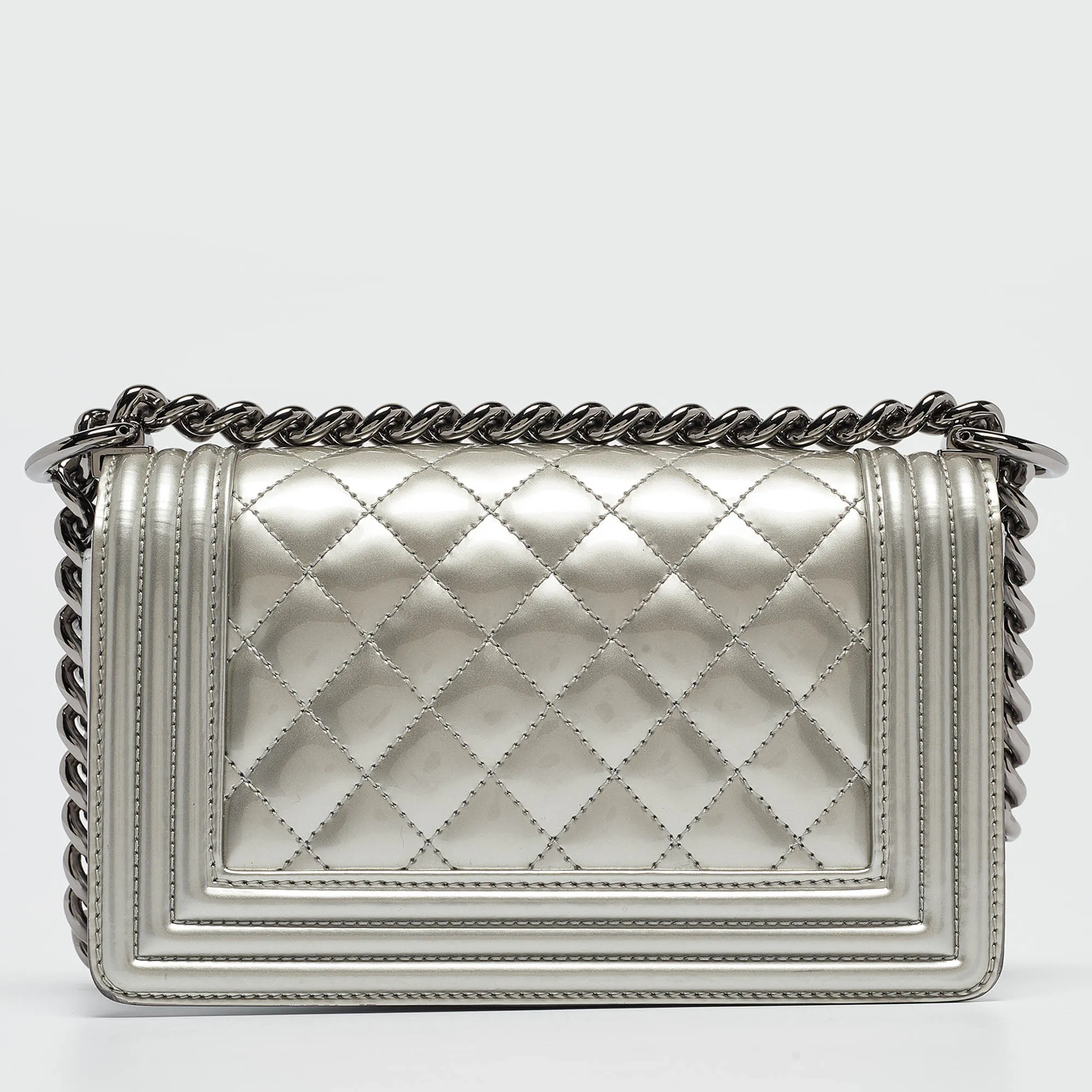 CHANEL Grey Quilted Patent Leather Small Boy New Bag