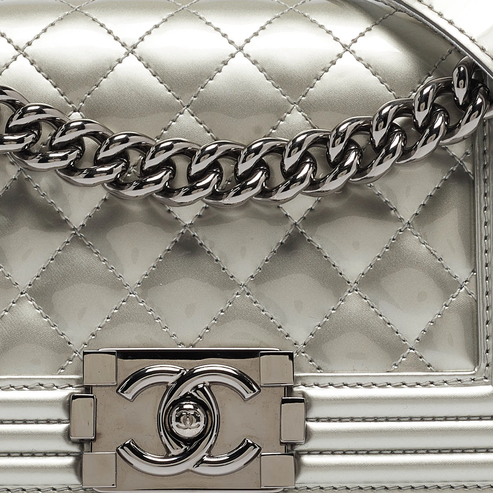 CHANEL Grey Quilted Patent Leather Small Boy New Bag