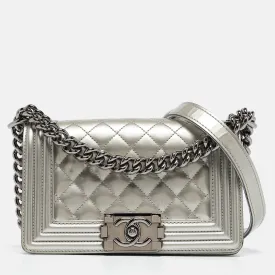 CHANEL Grey Quilted Patent Leather Small Boy New Bag