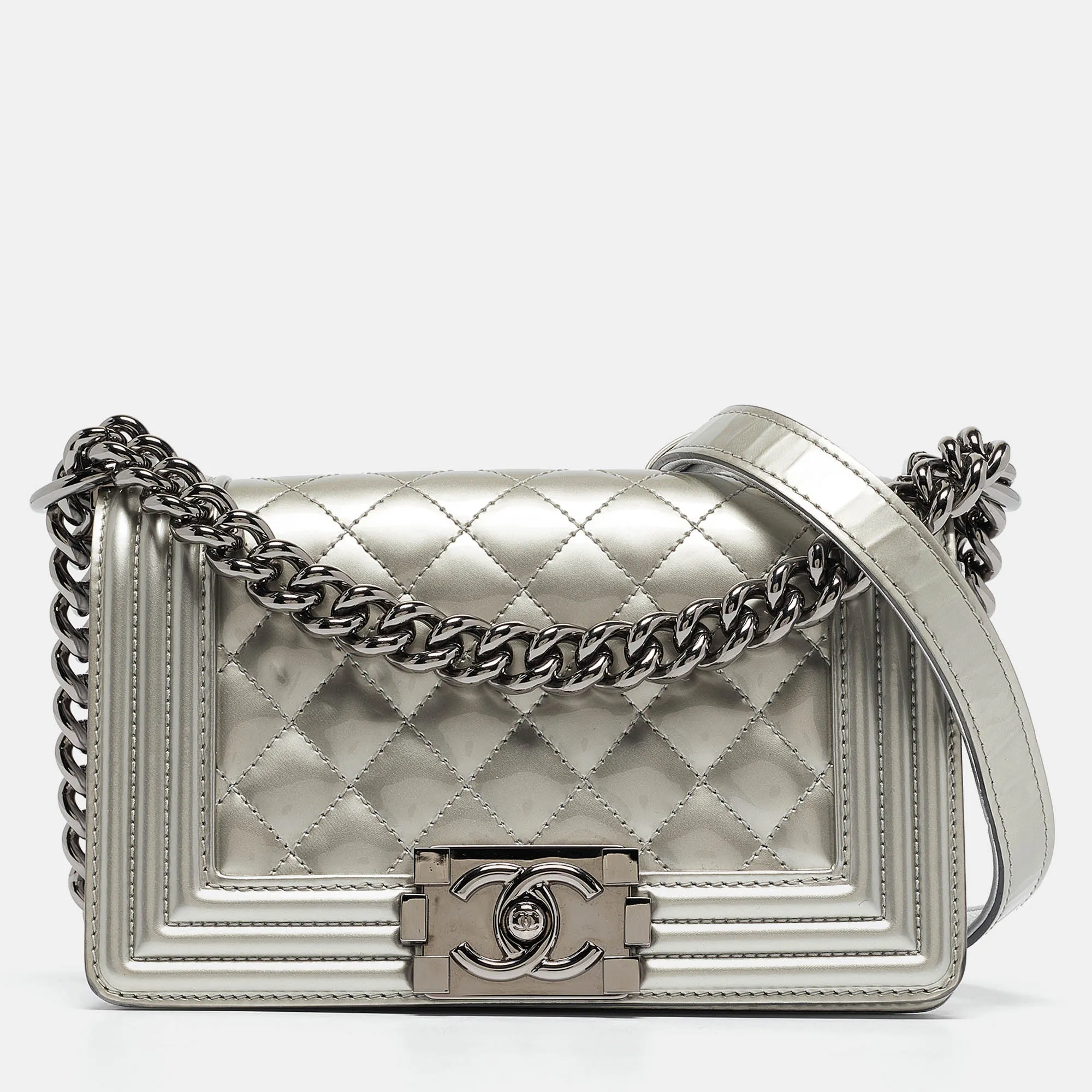 CHANEL Grey Quilted Patent Leather Small Boy New Bag
