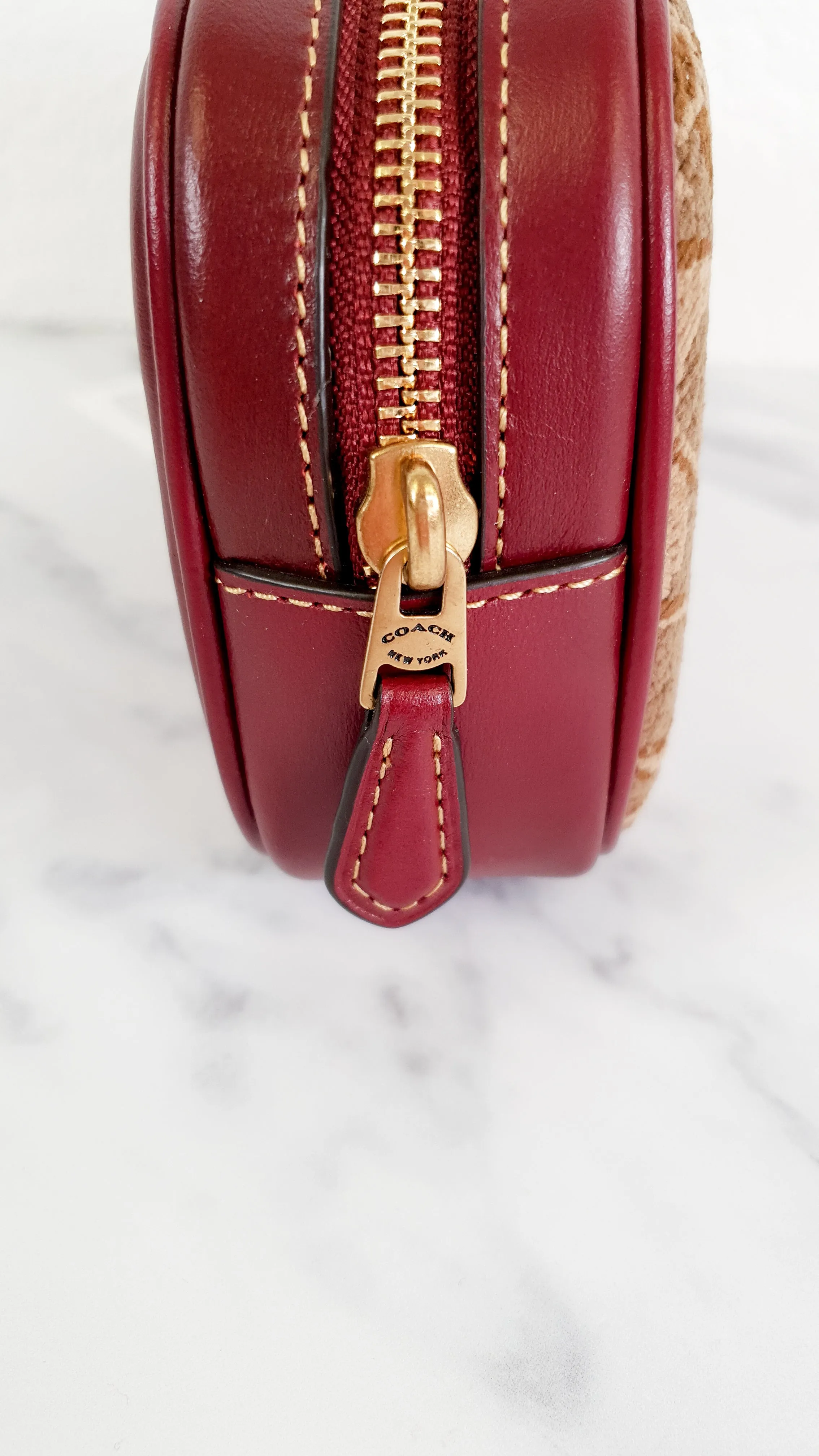 Coach 1941 Belt Bag Camera Bag in Tan Signature & Scarlett Burgundy Smooth Leather - Coach 50728