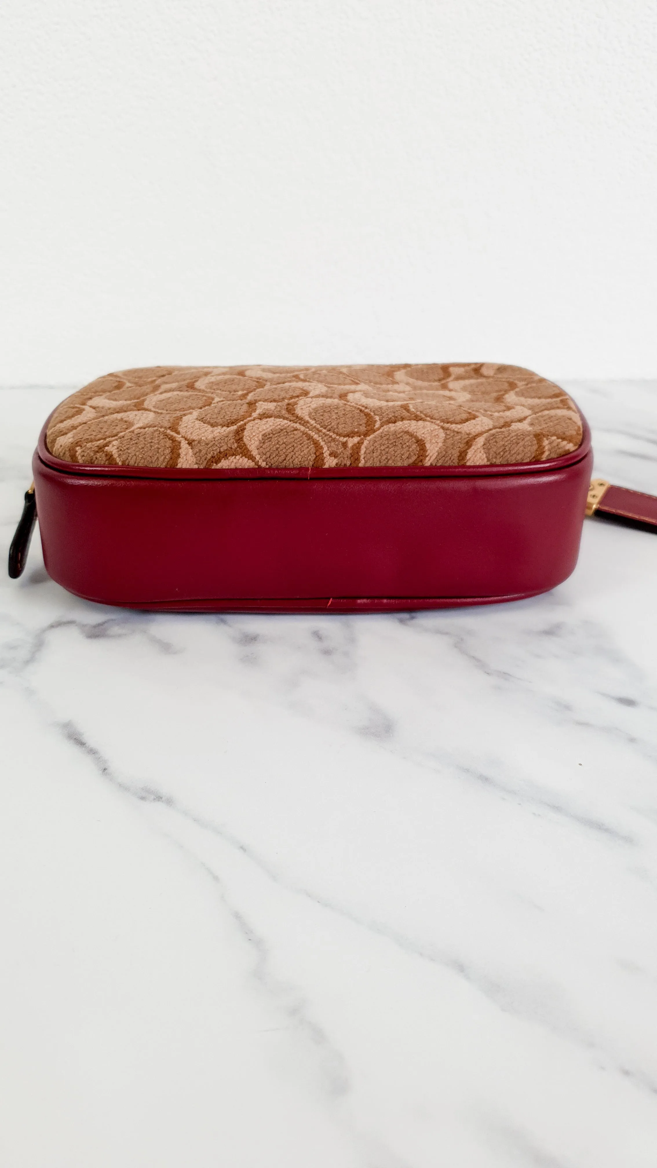 Coach 1941 Belt Bag Camera Bag in Tan Signature & Scarlett Burgundy Smooth Leather - Coach 50728
