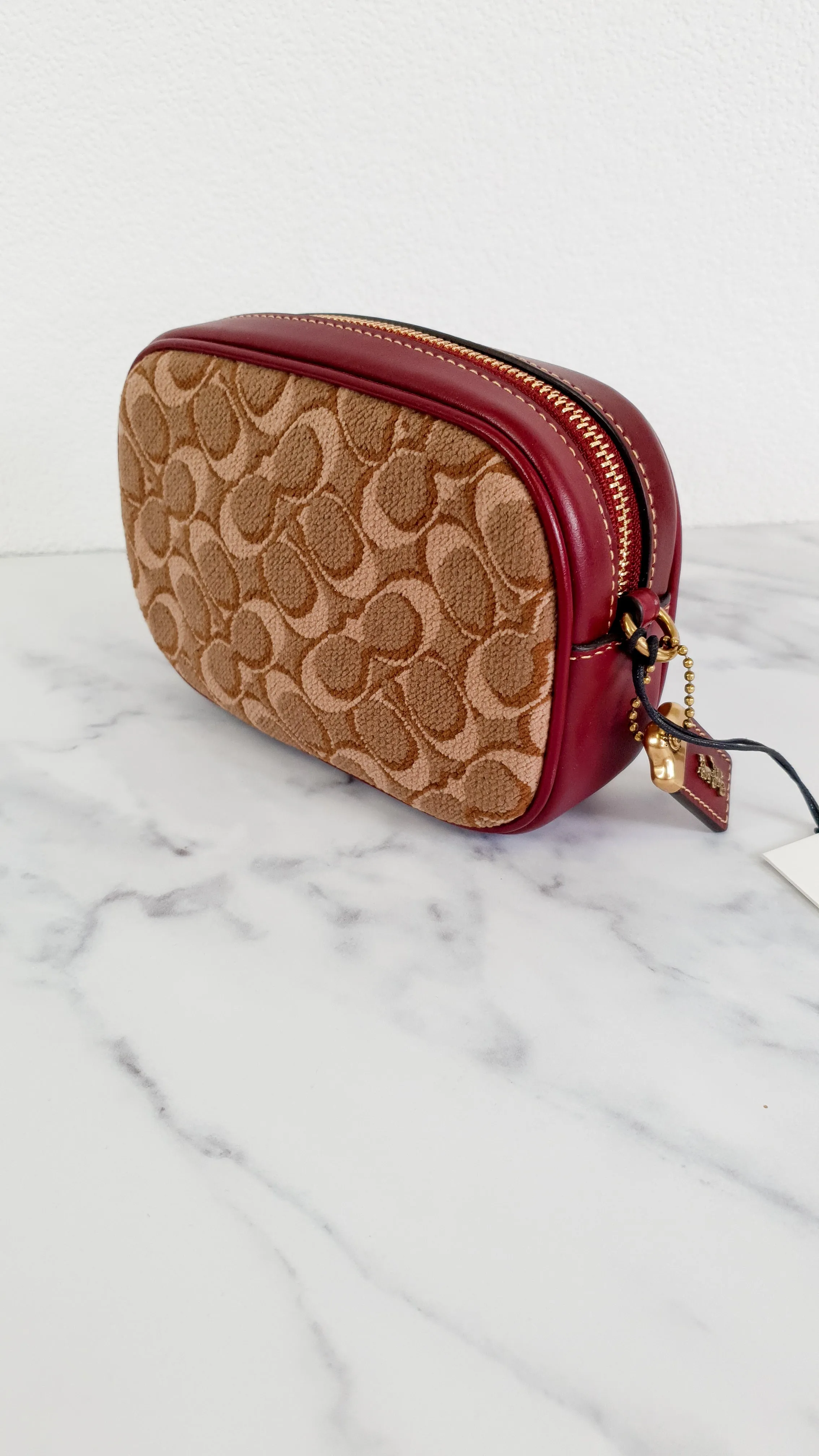 Coach 1941 Belt Bag Camera Bag in Tan Signature & Scarlett Burgundy Smooth Leather - Coach 50728