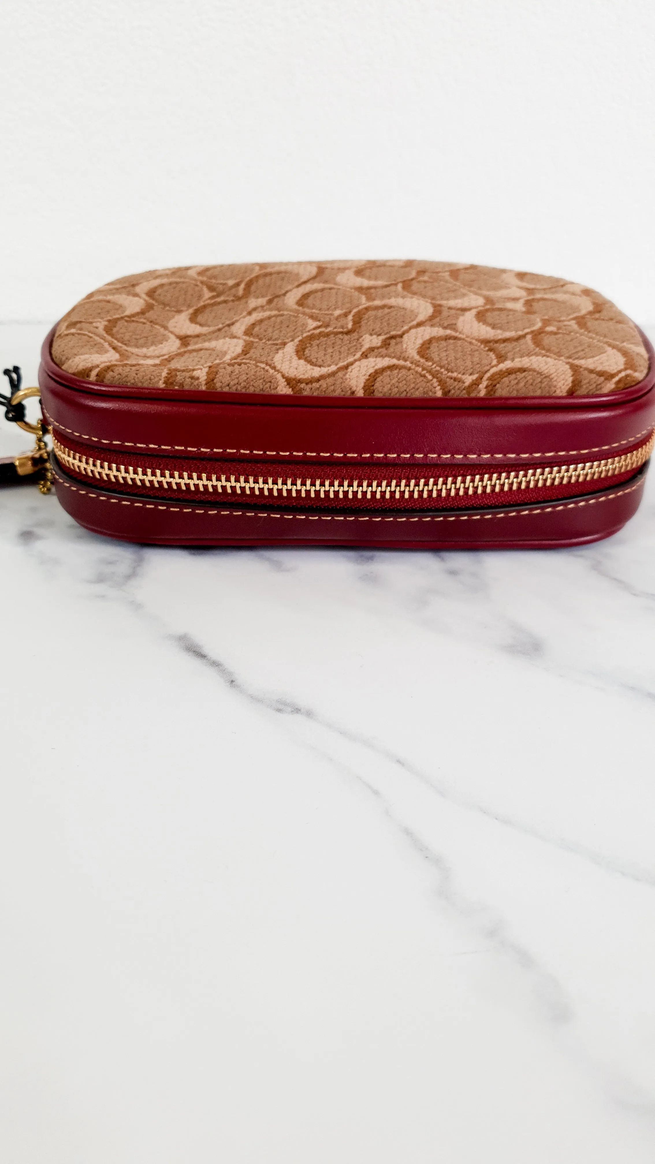 Coach 1941 Belt Bag Camera Bag in Tan Signature & Scarlett Burgundy Smooth Leather - Coach 50728